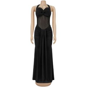Detail of sexy black halter neck dress with sheer mesh insert and ruched fishtail design