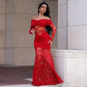 Elegant red off-shoulder lace evening gown with long sleeves and pleated bodycon fit