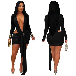 Detail view of the deep V-neckline and waist cutout design on this black sexy mini dress