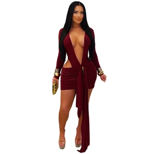 Deep V-neck burgundy bodycon dress featuring waist cut-outs and elegant long ribbons
