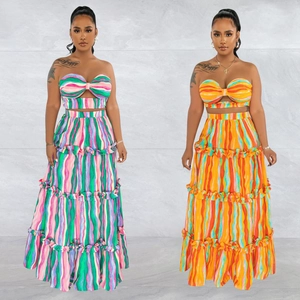 Bohemian Multi-Color Vertical Striped Top And Tiered Ruffle Maxi Skirt For Women Summer Vacation Beachwear Ethnic Style Clothing