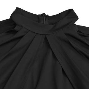 Detail of mock neck pleated design with back zipper on black slim fit elegant dress