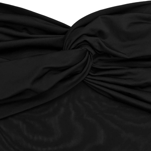 Detail of cross-twist knot design on black mesh dress with stretchy knit fabric texture
