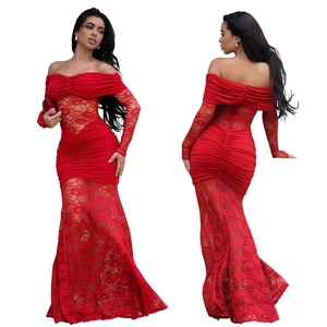 Front and back view of red off-shoulder lace dress with bodycon mermaid silhouette