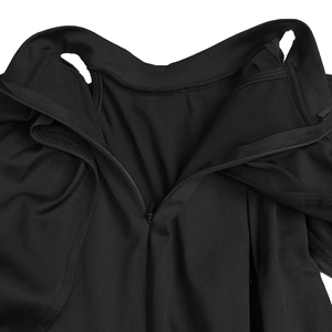 Detail of the hidden back zipper and round neckline on a sleek black bodycon dress