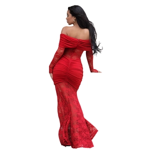Detail view of red off-shoulder lace mermaid dress with elegant pleated back design
