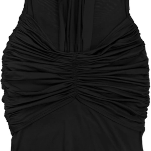 Detailed macro shot of ruched black mesh fabric with elegant central pleated design