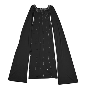 Macro detail of elegant black dress featuring square neckline and sparkling silver rhinestones