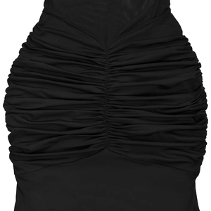 Detail of ruched black elastic mesh fabric on a sexy halter dress with high density gathers