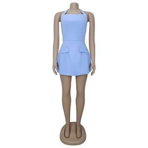 Detail view of light blue halter neck mini dress with square neckline and pocket flaps