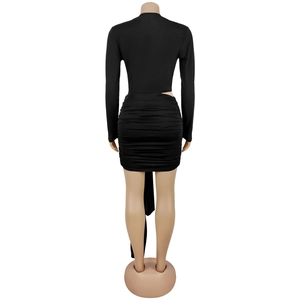 Rear view of long sleeve mini dress featuring ruched details and back hollow cut-out