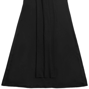 Detailed close-up of black mesh halter dress with soft draped pleats and tiered fabric texture