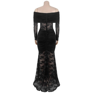 Detail of black off-shoulder lace dress back view with invisible zipper and fishtail hem