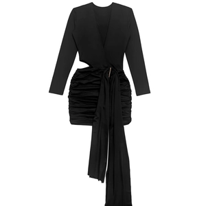 Detail view of black deep V-neck mini dress featuring ruched design and long side ribbon