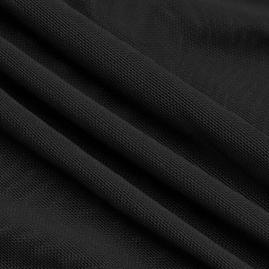Macro detail of breathable black mesh fabric with intricate woven texture for dresses