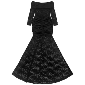 Close-up of black off-the-shoulder lace dress showing ruched fabric and floral texture