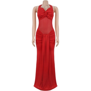 Detail of red halter neck dress featuring mesh waist panels and pleated drape design
