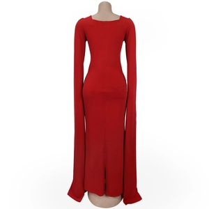 Rear view of elegant red slim fit dress with long cape sleeves and floor-length hem
