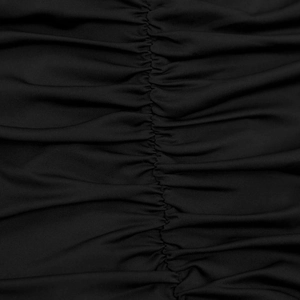 Detailed close-up of the black ruched elastic fabric and stitching on this sexy V-neck dress
