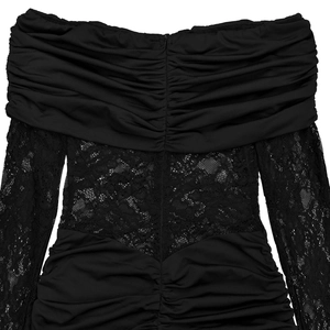 Detail of off-shoulder lace dress with ruched neckline and sheer floral sleeves
