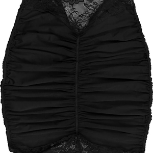 Close-up of black bodycon dress featuring elegant ruching details and floral lace trim