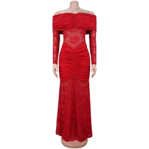 Detail of red off-shoulder lace maxi dress with ruched fabric and mermaid hemline