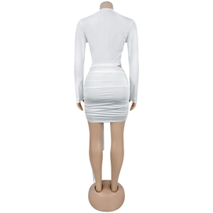 Detailed back view of white long sleeve mini dress with ruched design and cut-out details