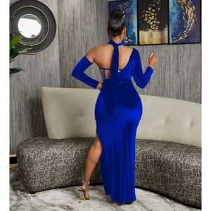 Détail de la robe en velours bleu roi avec dos nu en résille et fente haute sur la jambe