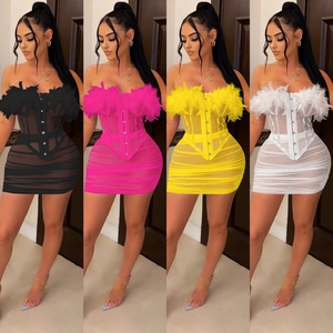 Completo da Donna Sexy con Bordo in Piume Mesh Trasparente Gonna Midi Arricciata Tinta Unita Bustino e Gonna per Festa Clubwear