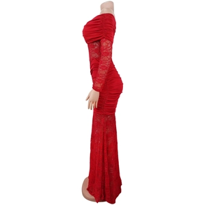 Detail of red off-shoulder lace mermaid dress with elegant ruching and long sleeves