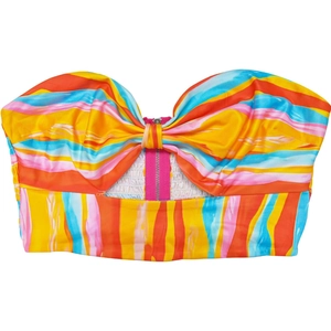 Detail of colorful striped tube top featuring a front rose red zipper and bow-like pleats