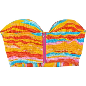 Detail of colorful striped tube top with back zipper and smocked elastic fabric