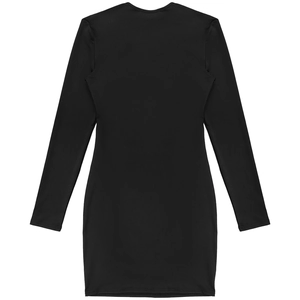 Vue arrière d'une mini-robe noire à manches longues avec une coupe ajustée et lisse et unie