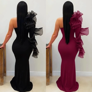 Elegant one-shoulder evening gown with ruffled sleeve in black and wine red colors