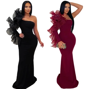 Elegant one-shoulder bodycon mermaid maxi dress with ruffled lace sleeve for women
