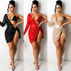 Abito Mini in Paillettes Monospalla Sexy da Donna Asimmetrico Cut Out Vita Spacco Alto Schiena Scoperta Party Club Bodycon