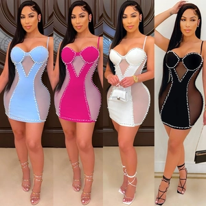 Sexy Mesh Patchwork Bodycon Mini Dress For Women Spaghetti Strap Faux Artificial Pearl Clubwear Party Evening Slim Fit Dress