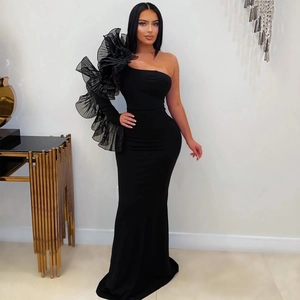 Elegant black one-shoulder slim fit evening gown with oversized ruffled mesh sleeve