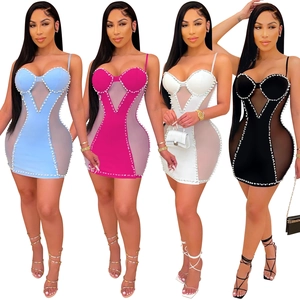 Sexy mesh bodycon mini dress with pearl accents and spaghetti straps in four colors