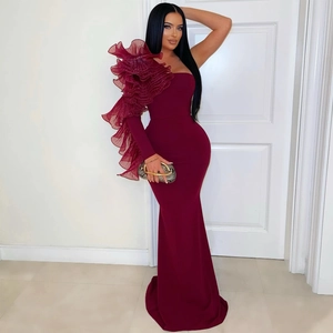 Elegant slim fit wine red mermaid evening gown with one shoulder layered ruffles