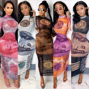 Women Sexy Mesh See-Through Dollar Print Maxi Dress High Neck Long Sleeve Bodycon Slim Fit Club Party Evening Long Dress