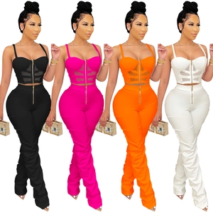 Women's sexy 2-piece set with mesh corset top and high-waisted flare pants in four colors