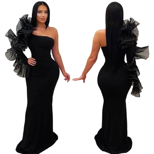 Detail of elegant black one-shoulder dress with oversized layered mesh floral sleeve detail
