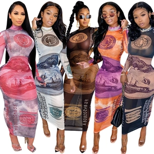 Sexy mesh sheer bodycon maxi dress with dollar bill money print in five colors