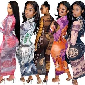 Sexy mesh sheer bodycon maxi dress featuring all-over banknote print in five colors