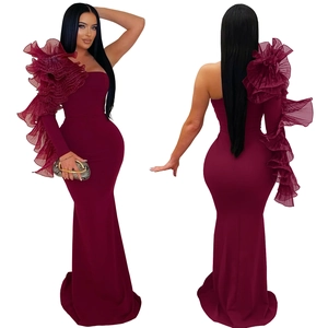 Detail of burgundy one-shoulder mermaid dress with ruffled mesh sleeve and back view