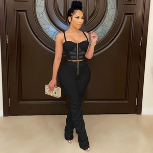 Sexy black two-piece set for women featuring a zip-up camisole top and high-waist pants