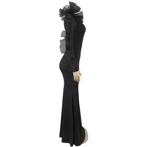 Detail of elegant black slim-fit dress featuring dramatic organza ruffle sleeves