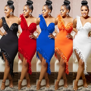 Women One Shoulder Feather Trim Midi Dress Elegant Asymmetrical Bodycon Evening Party Gown Sexy Sleeveless Solid Color Dress