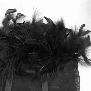 Dettaglio delle piume nere e della rete sullo scollo di un abito a due pezzi elegante